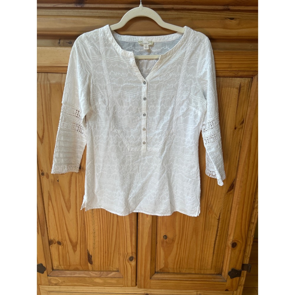 Nurture White Cotton Embroidered Eyelet Lace Crochet 3/4 Sleeve Blouse Small